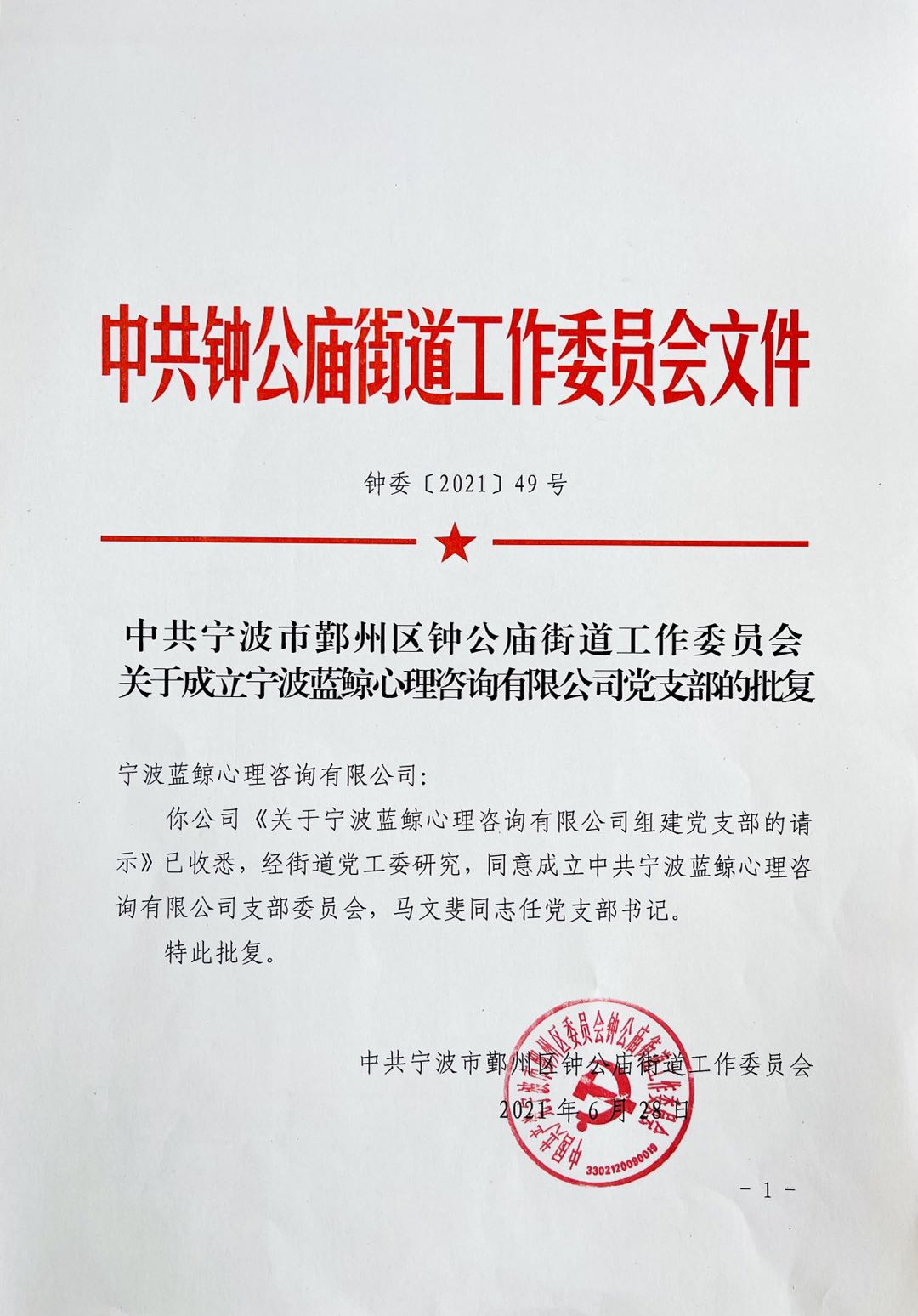 寧波藍鯨心理咨詢有限公司黨支部成立！